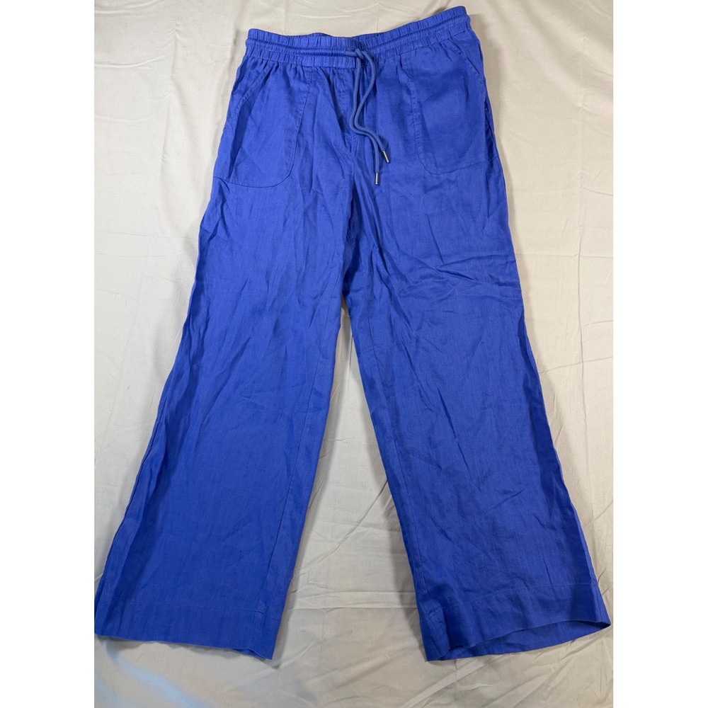 Rafaella Royal Blue 100% Linen Wide Leg Pants Elastic Drawstring Waist Womens L